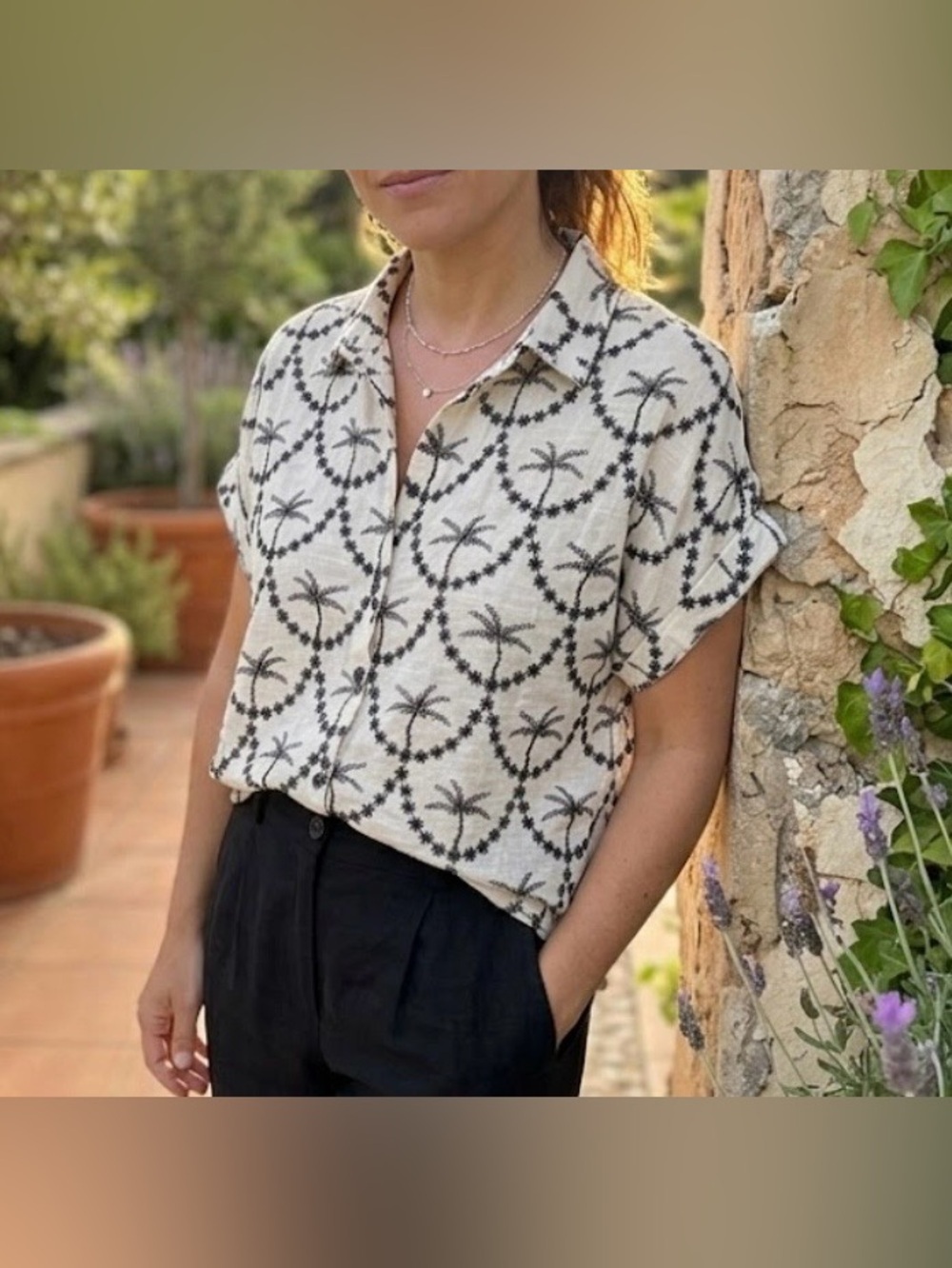 fig and flower by anthropology Cream Button-Down Palm Print Short Sleeve Top